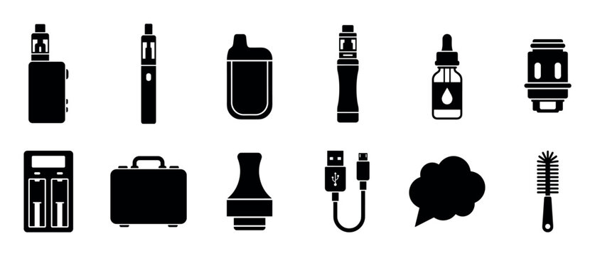Black silhouette icons of vaping devices and accessories including e-cigarettes, mods, pods, e-liquid, coils, and a charger in a simple graphic illustration set