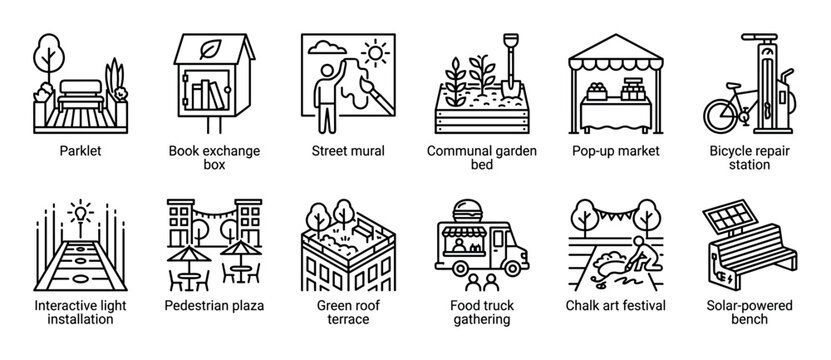 Set of twelve black line icons representing urban community activities like parklets, street murals, food trucks, and green roof terraces for city planning and placemaking concepts