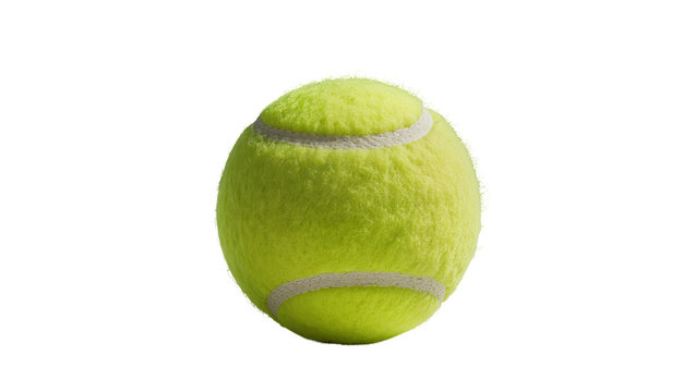 Fuzzy bright yellow tennis ball with textured felt surface and contrasting white stripes, isolated on transparent background for sports marketing