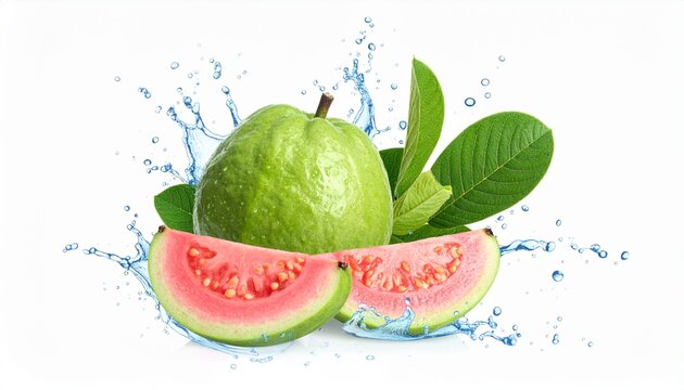 Fresh pink guava fruit whole and sliced with green leaves and blue water splash isolated on white background