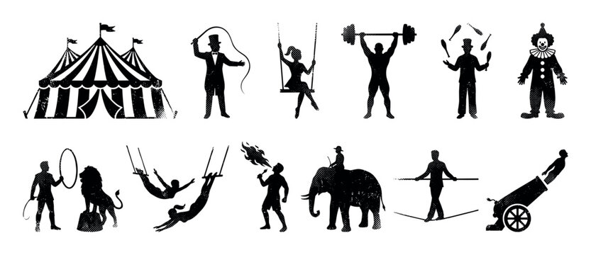 Collection of black circus performer silhouettes with a distressed texture, featuring a tent, ringmaster, clown, strongman, juggler, acrobat, and animals for a vintage entertainment theme