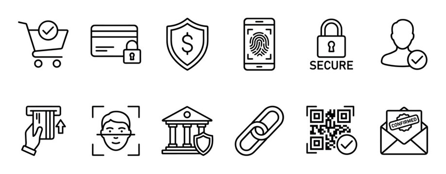 Secure online payment and e-commerce icons set featuring symbols for financial protection, biometric authentication, and transaction confirmation in a minimalist line art style