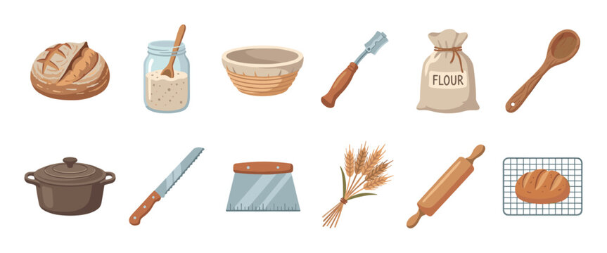 Collection of sourdough bread baking tools and ingredients including a loaf, starter, flour, and banneton in a flat cartoon vector illustration style