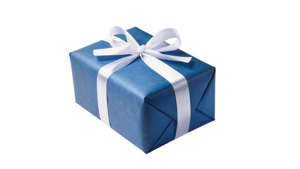 Luxurious blue gift box wrapped in shimmering paper adorned with a delicate satin ribbon bow,...