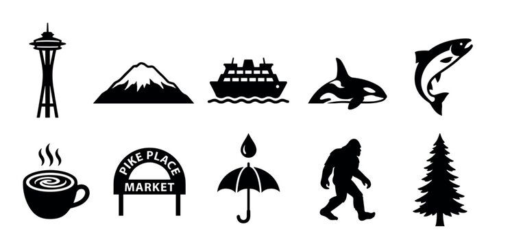 Set of black silhouette icons representing Pacific Northwest symbols including an observation tower, volcano, ferry, orca, salmon, coffee, market sign, umbrella, bigfoot, and fir tree