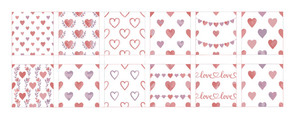 Naklejka premium Collection of twelve romantic seamless patterns featuring watercolor hearts, floral elements, garlands, and handwritten text in a gentle pink and purple palette