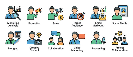 Fototapeta premium Colorful line icons for business and marketing showing promotion, sales, target audience, social media, blogging, podcasting, and project collaboration in a modern flat style