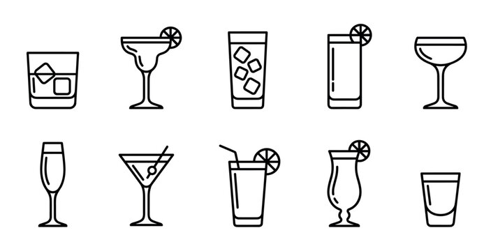 Set of ten different cocktail glass icons representing various alcoholic drinks in a clean, minimalist line art style for bar menus or party invitations