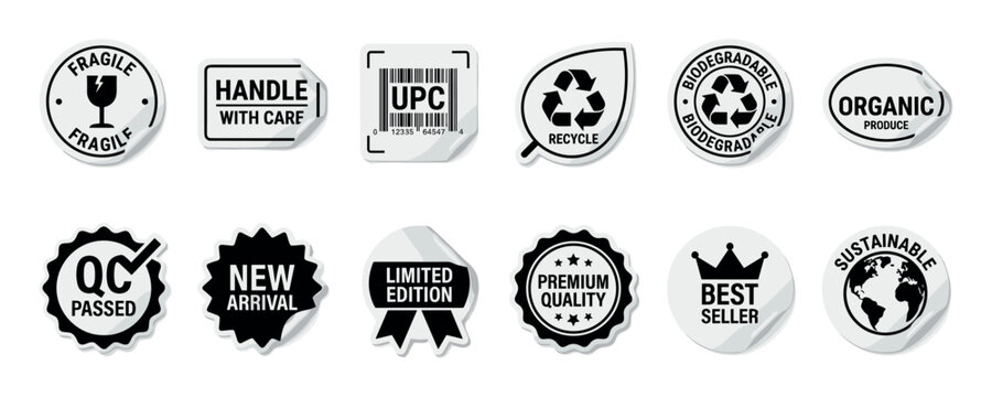 Collection of black and white commercial stickers and labels for packaging, shipping, and product marketing, including fragile, recycle, organic, and premium quality symbols