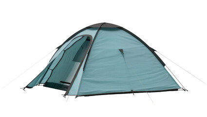 Blue camping tent with zippered door and mesh windows featuring gray ropes and stakes, isolated on transparent background for outdoor travel designs © Johanna