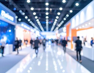 Fototapeta premium Blurred image of busy exhibition hall with people walking.