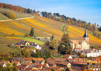 Naklejka premium Autumn vineyard hills above Barr village in Alsace, France