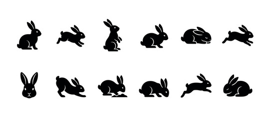 Fototapeta premium Collection of black rabbit silhouettes in various dynamic poses, including sitting, running, jumping, and standing, presented as a minimalist graphic icon set of animal figures