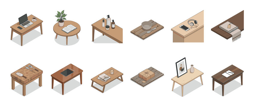 Collection of isometric household furniture illustrations showing various wooden tables with everyday objects like laptops, books, plants, and kitchenware in a cozy, minimalist style