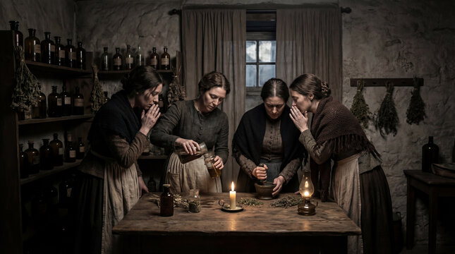 Four women in historical clothing preparing herbal medicine at a wooden table. Group of apothecaries working with mortar and pestle in a dimly lit stone room