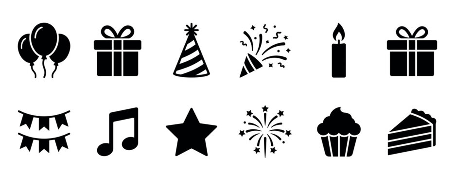Black birthday party celebration vector icon set with festive symbols like cake, gift box, balloons, and party hat for holiday event design in a minimalist glyph style