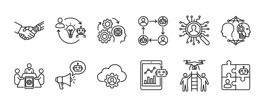 Set of black line icons representing artificial intelligence, robotics, and human-robot collaboration concepts like automation, machine learning, and future technology