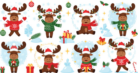 Naklejka premium Cute Christmas Moose Cartoon Set with Winter Holiday Elements, Santa Hats, Gifts, Snowflakes, and Festive New Year Celebration Vector Illustration Collection.