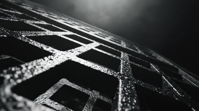 Low angle shot of a wet metal grate with light and atmospheric smoke, creating a dark, textured aesthetic.