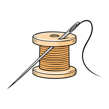 Wooden thread spool with needle and dark thread for sewing and crafting projects
