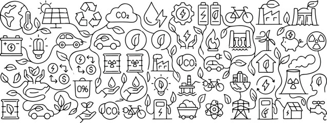 Fototapeta premium Collection of sustainable energy and ecology symbols with clean energy sources and environmental protection icons in a hand-drawn vector illustration doodle art