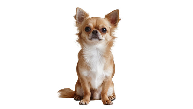 Small fawn Chihuahua dog with large erect ears fluffy tail and alert expression, isolated on transparent background for pet adoption ads