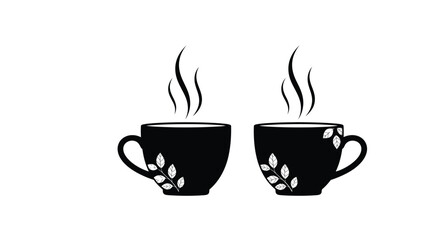 Obraz premium Two steaming coffee cups with floral designs a black silhouette