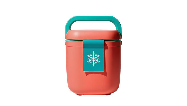 Coral red rectangular lunchbox with teal handle and snowflake sticker, isolated on transparent background for promotional food containers
