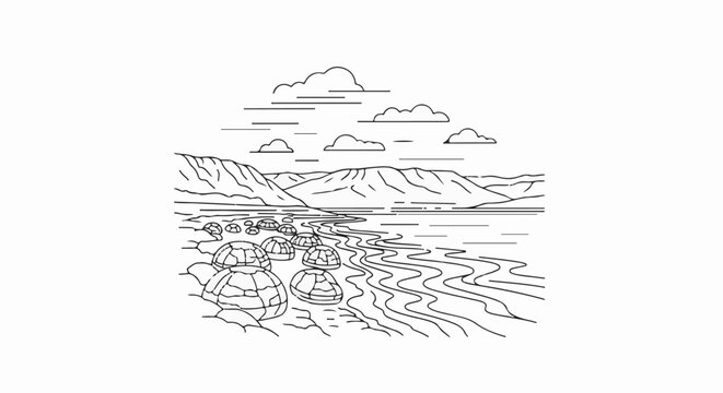 A minimalist line art depiction of a rocky shoreline leading to mountains under a cloudy sky