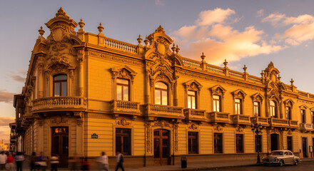 Fototapeta premium Ornate historic building facade with intricate architectural details bathed in golden hour sunlight representing heritage and classic design for travel or real estate concepts