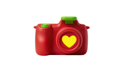 Fototapeta premium Vibrant red children s digital camera with a heart-shaped window featuring a bright green shutter button, isolated on transparent background for playful designs
