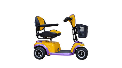 Vibrant yellow and purple mobility scooter with blue seat and basket, isolated on transparent background for accessibility designs and product mockups © Johanna