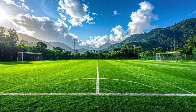 Soccer field background with lush green grass and empty goalposts, wide angle, no humans