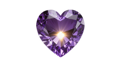 Fototapeta premium Brilliant faceted amethyst heart gemstone sparkling with internal light reflections, isolated on transparent background for jewelry designs