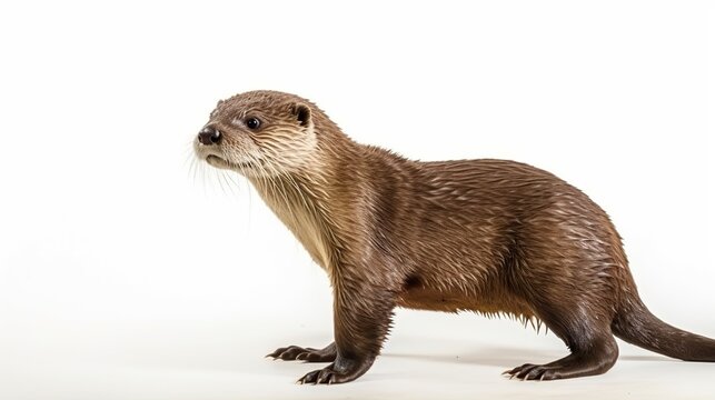 A curious brown otter standing on a white background with alert posture