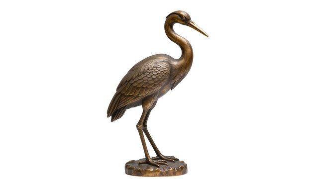 Detailed bronze crane sculpture with textured feathers and long beak gracefully standing on a circular base, isolated on transparent background for design elements