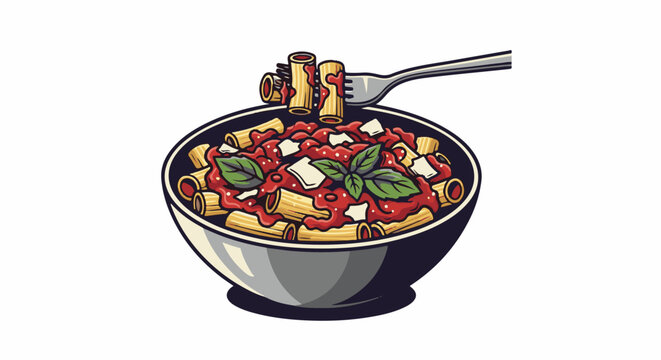 A bowl of rigatoni pasta with tomato sauce, cheese, and basil