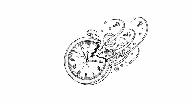 A detailed line drawing of a broken pocket watch with internal gears exposed