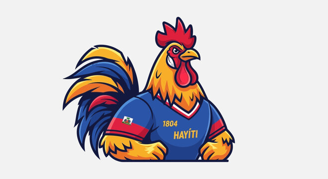 Haiti Rooster Mascot Wearing Jersey with 1804 Haiti Text - Vibrant Illustration