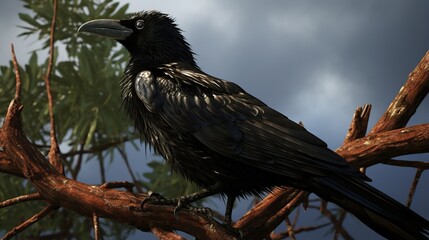 Fototapeta premium A glossy black raven perched on a gnarled branch under a cloudy blue sky