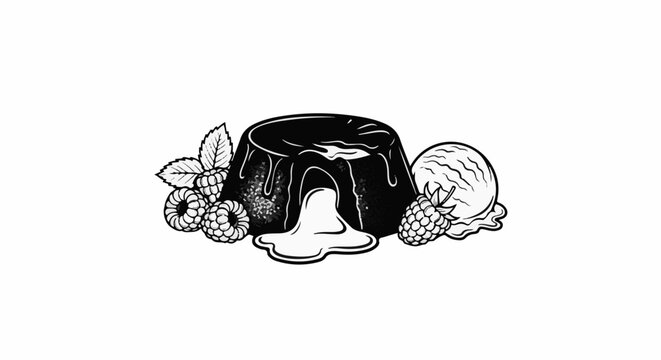 Black and white illustration of a chocolate lava cake with raspberries and ice cream