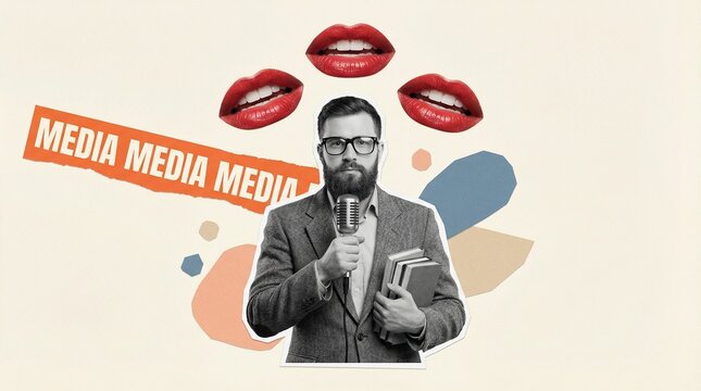 Image full pop trend collage of happy man hold book microphone propaganda fake news social media mouth proclaim information 
