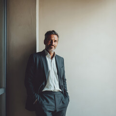 Fototapeta premium confident hereditary lawyer smiling warmly in professional office setting radiating competence