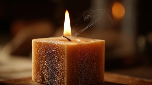 macro candle, close-up of lit cube candle highlighting its texture and warm flame, with detailed wax and glowing wick in macro shot