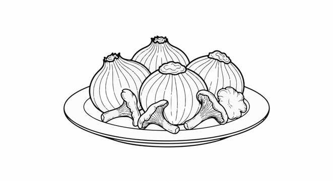 Line drawing of garlic bulbs and mushrooms on a plate