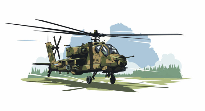 Military attack helicopter in flight over a forest landscape