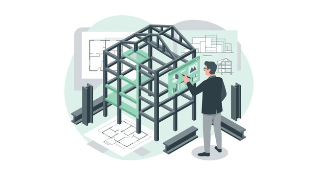 A meticulous male architect in a dark suit digitally manipulates a glowing green interface on a complex 3D steel frame model for a modern construction project.