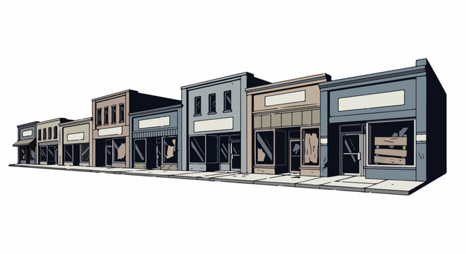 A line of old, empty storefronts along a sidewalk