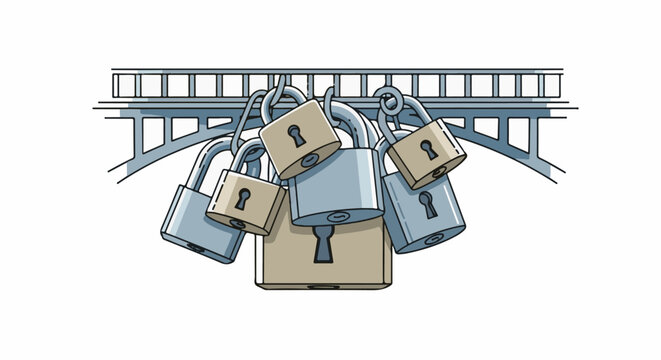 Clustered padlocks hanging from a bridge railing