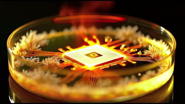 Macro visualization of a futuristic bio-computing AI microchip integrated with living organic mycelium inside a laboratory petri dish, glowing amber lights